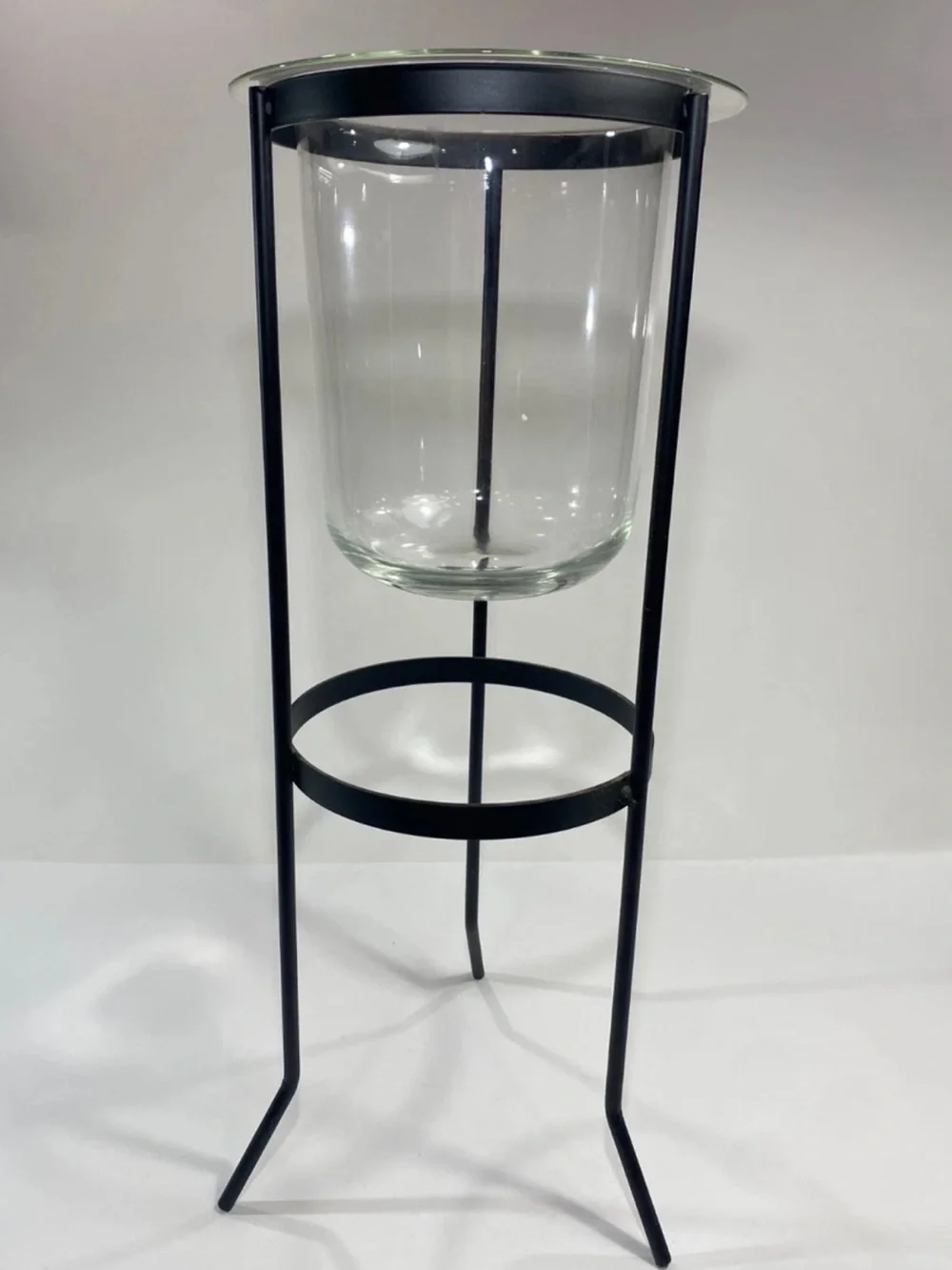 PartyLite Seville Glass Hurricane Candle Holder Black Wrought Iron Metal Stand